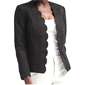 Banana Republic Blazer Sz 16 Black Open Front Scalloped Hem Laser Cut Ponte